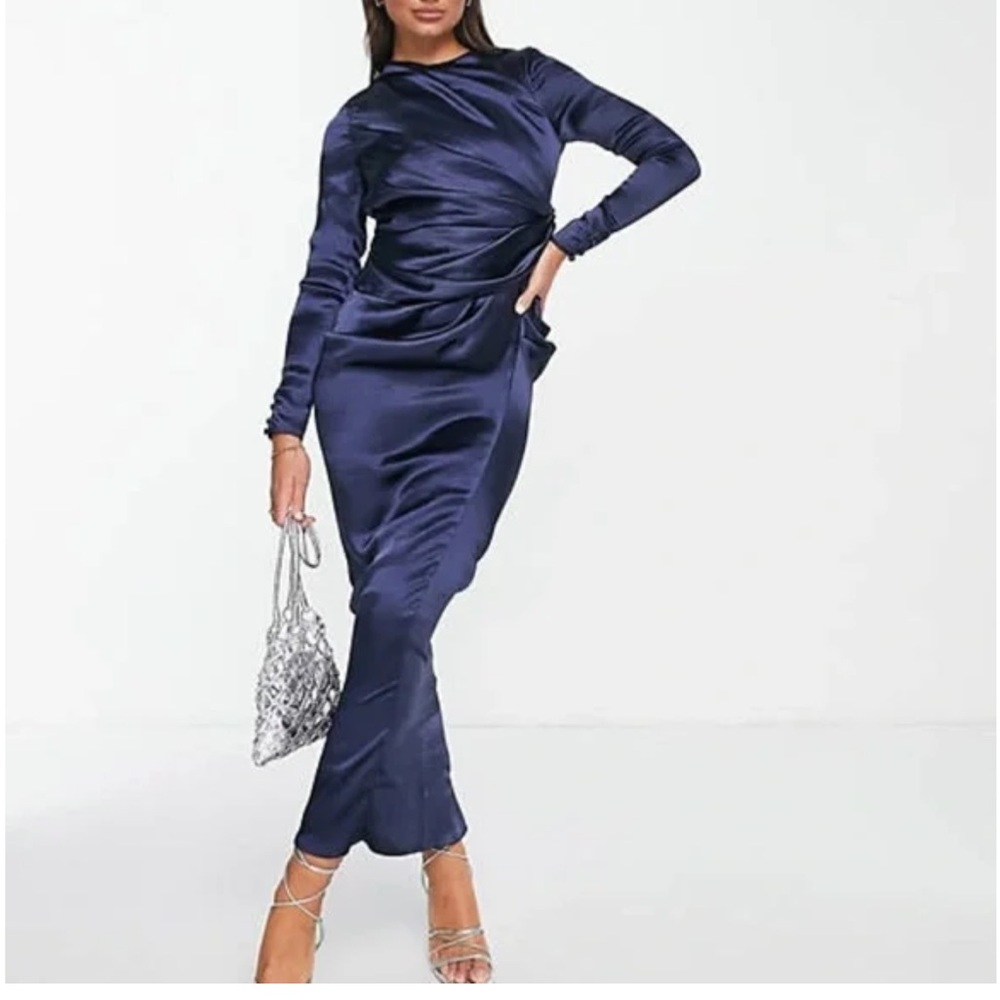 Elegant Navy Blue Satin maxi Dress size 6